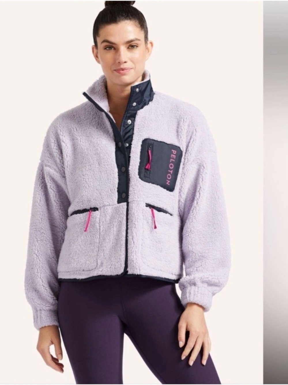 Peloton Lavender Teddy Sherpa Jacket with Navy Trim and Pink Accents